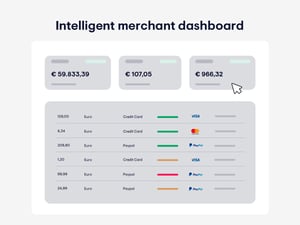 Unzer intelligent merchant dashboard displaying transaction overview with payment amounts and detailed payment method breakdown including credit card, Visa, Mastercard, and PayPal transactions