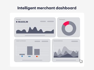Unzer intelligent merchant dashboard showing overview metrics, tax results donut chart, credit card brands bar chart, and payment methods analytics