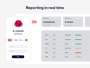 Unzer real-time payment reporting dashboard showing transaction with multiple payment methods including credit card, Visa, PayPal, and Mastercard alongside detailed transaction list