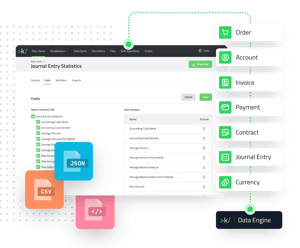 keylight Journal Entry Statistics interface showing Data View with 19 selectable fields, sort configuration, export options, and connected data entities for enhanced financial transparency and audit trails