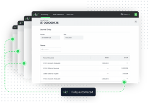 keylight Journal Entry interface displaying transaction record with Items showing accounting codes, representing fully automated journal entries for subscription activities and related transactions including deferred revenue, reconciliation, AR/AP, and GL integration