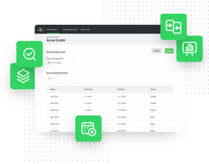 keylight Smart Adjustments interface displaying accounting configuration with Accounting Close date, Accounting Periods table, and automated adjustment features for discrepancy detection, foreign exchange gains/losses, voiding, write-offs, and batch job processing