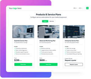 keylight self-service portal showing medical equipment service plans with Essential, Advanced Monitoring, and Enterprise tiers and annual or multi-year billing options